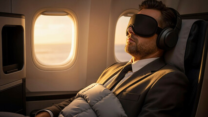 Businessman sleeping in first-class airplane seat with headphones  