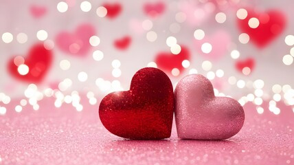 Two heart-shaped decorations on a pink surface with bokeh lights and hearts in the background