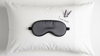 Soft pillow with white cover, gray sleep mask, dried lavender, card  