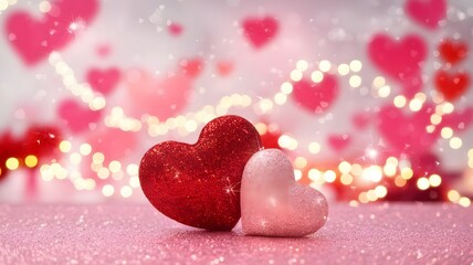 Red and pink hearts on a sparkly background with hearts and lights