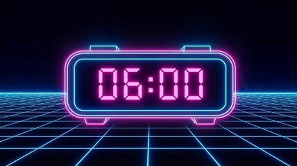 Digital alarm clock displaying 06:00 in neon retro style  