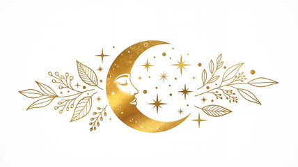 Golden crescent moon with stars and leaves on white background  