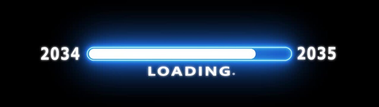 Futuristic 2034 to 2035 digital loading animation with neon glowing progress bar, smooth transition motion, and modern countdown interface.