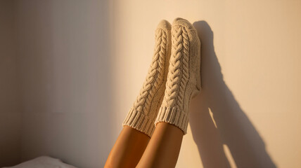 Person practicing legs-up-the-wall pose on bed wearing warm socks  