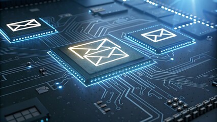 Digital Circuitry With Glowing Email Icons Connected