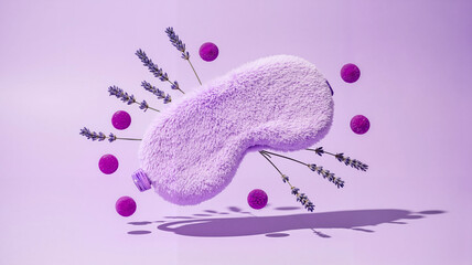 Lavender sleep mask floating in air with lavender on pastel purple background  