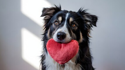 A dog holding a red heart-shaped toy in its mouth against a softly lit white background with shadows