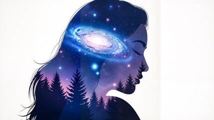 Woman's silhouette with galaxy and forest inside her mind  