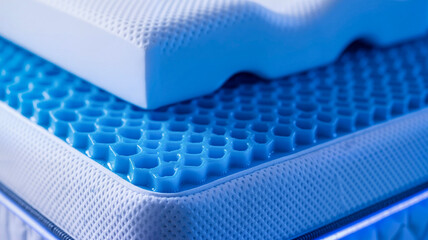 High-tech sleeping system with layered mattress design in blue  