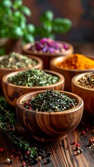 Wood bowls filled with aromatic spices and herbs displayed on a rustic wooden surface, a culinary still life