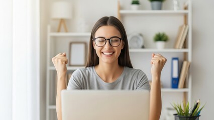 Woman with long brown hair and glasses sitting at laptop with fists raised in celebration social media thumbnail poster banner download 2026 2027 1