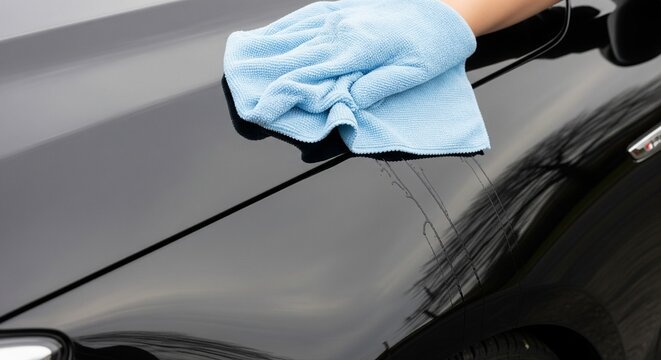 Microfiber cloth gliding over glossy car fender with reflections