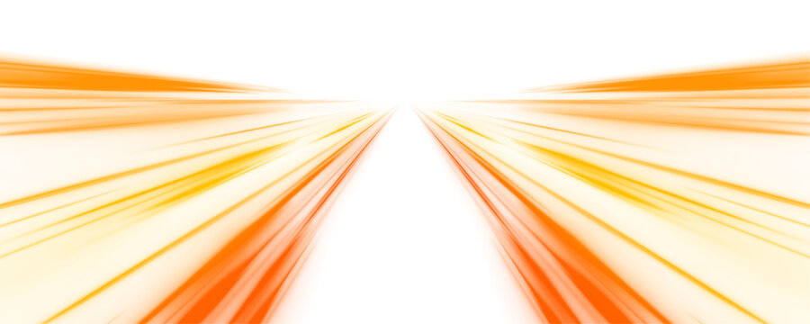 Futuristic yellow, green neon laser streaks ripple along a city road. Motion lines, glowing energy orange waves, red trail swirls illustrate traffic speed and flow. Vector illustration PNG.