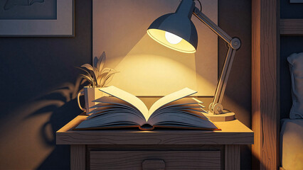 Open book illuminated by lamp on bedside table at night  
