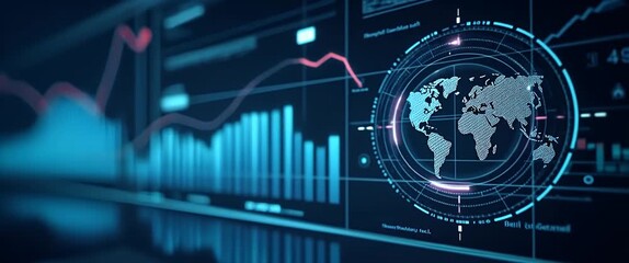 Global data trends visualized on a digital screen with animated charts and graphs, as the camera slowly pans across in a cinematic style, highlighting financial analytics and technology. - Powered by Adobe