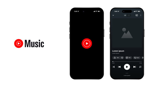 YouTube Music streaming service mockup with playlist layout, album artwork, and playback controls. Vector illustration of digital music platform user interface for modern audio.