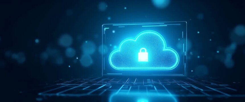Glowing cloud security icon gently pulses on a futuristic digital screen, while the camera slowly pans across a high-tech backdrop, creating a cinematic, tech-focused atmosphere.