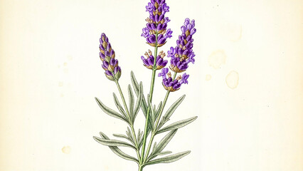 Lavender flower illustration with green leaves on vintage background  