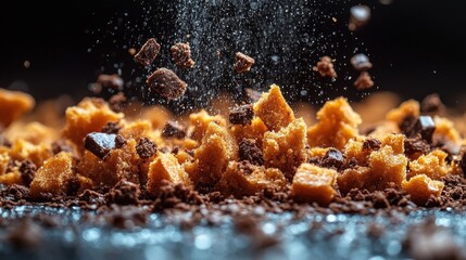 Close Up Macro Shot of Crumbled Toffee and Chocolate Bits Falling Downwards With Sparkles and Dust