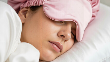 Young woman sleeping peacefully with eye mask on white pillow  