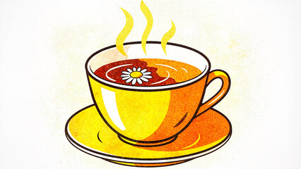 Hot chamomile tea in yellow cup with saucer and steam rising  