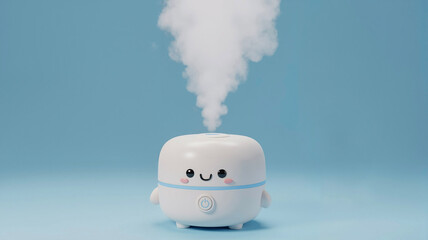 Humidifier with cute face releasing steam on blue background  