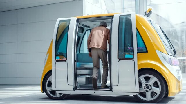 Senior citizen interacts with a yellow driverless shuttle, highlighting advancements in smart mobility. The scene emphasizes accessibility and technology in urban transport systems