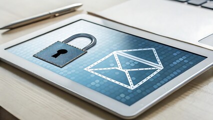 Digital Security Padlock and Email Icon on Tablet Screen