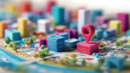 Fototapeta premium Colorful city model with landmarks and location markers displayed clearly