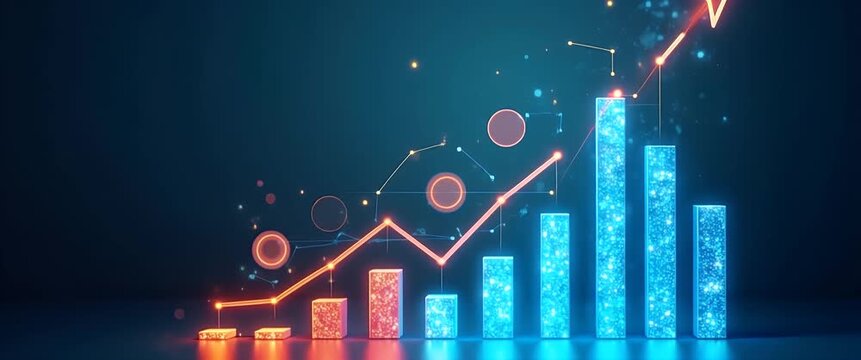 Cinematic tracking shot of a glowing bar graph ascending, with dynamic data points and ambient lights flickering in a futuristic style, ideal for business growth and analytics themes.
