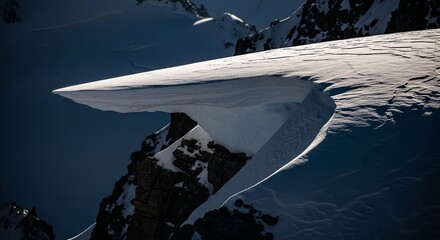 Snow cornice on a mountain ridge with deep shadow and sharp light. Alpine winter peak texture for travel blog or adventure article.