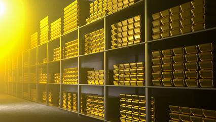 Generic gold reserve vault with stacks of gold bars. Bank vault with gold and cash. 3d rendering