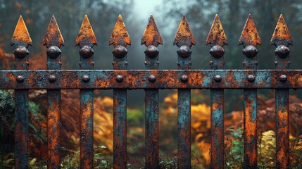 Rusty Ornate Metal Fence with Autumn Foliage Background in Soft Sunlight