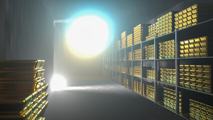 Generic gold reserve vault with stacks of gold bars. Bank vault with gold and cash. 3d rendering
