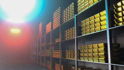 Generic gold reserve vault with stacks of gold bars. Bank vault with gold and cash. 3d rendering