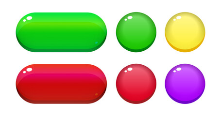Glossy Colorful UI Buttons and Spheres with Bright Highlights and Smooth Gradient Reflections for Game Interface