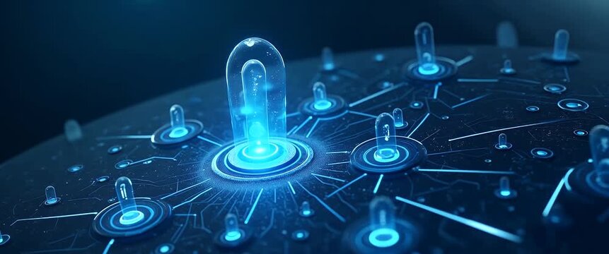 Futuristic digital network with glowing circuits and a central capsule, featuring gentle ambient light flicker and a cinematic slow pan, ideal for technology and innovation themes.