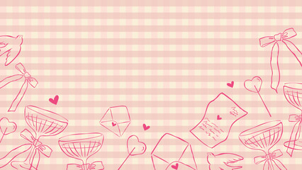 Horizontal Background With Romantic Hand Draw Champagne Glasses, Love Letters, Bows, a pigeon on a retro checkered background. Vector design for banners, greeting cards, happy Valentine's Day