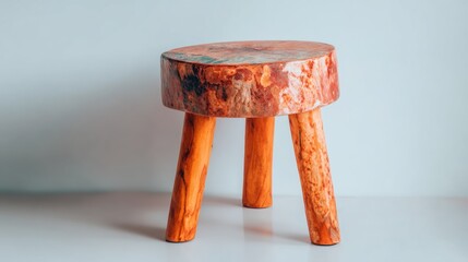 Wooden stool with three legs placed on a light background in a modern space