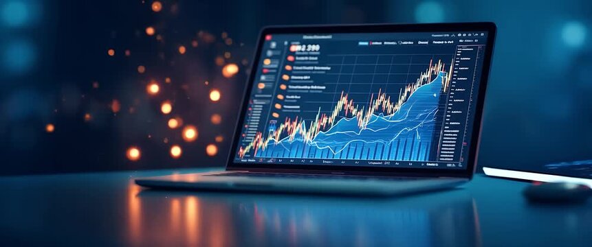 Laptop displaying dynamic stock market charts in focus, with bokeh lights softly flickering in the background; a slow cinematic pan reveals a futuristic financial scene.
