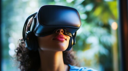 Woman wearing virtual reality headset experiencing immersive technology with a blurred green background with vr headset and gaming and simulation
