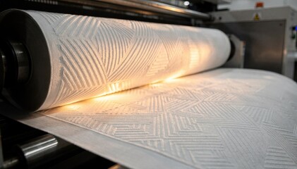 Fabric passes beneath geometric patterned heated rollers in a medium shot producing sharp modern textured designs that add depth and dimension to textiles.