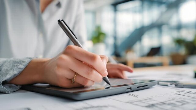 Focused architect draws precise architectural plans using a stylus on a tablet, surrounded by technical drawings. Innovative workspace highlights modern design and technology integration