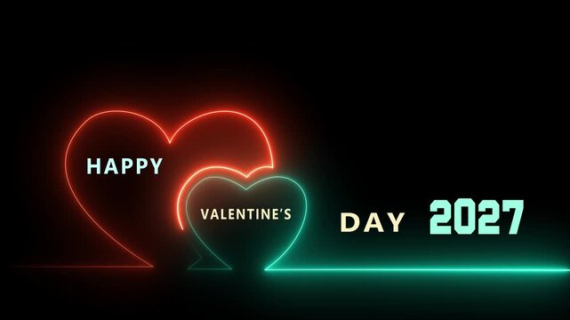 Futuristic neon heart glow animation style background for Happy Valentine's Day 2027. Abstract romantic light trails with typography.