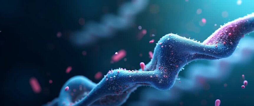 Microscopic view of twisting DNA strand in vibrant colors with particles gently drifting, camera slowly panning, creating a cinematic, scientific exploration atmosphere.