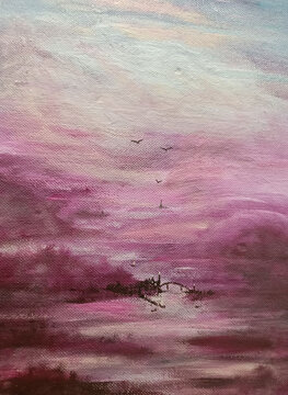 A morning landscape in pastel colors. Relaxing atmosphere. Slow life. Cozy wallpaper. Flying birds above a small black castle with bridge. Sunrise. Coastal panorama. High pink mountains on the horizon