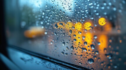 Raindrops On Glass Window With Blurred Yellow Lights Outside In The City At Dusk