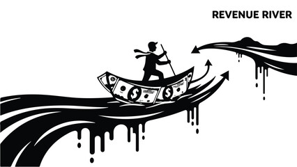 Man navigating boat made of money on flowing river with arrows