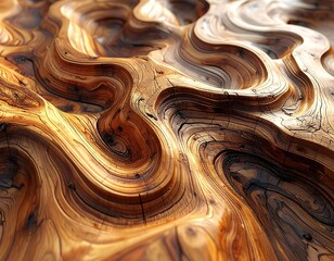 Wood grain patterns sculpted to look like topographical formations; bright, textural, abstract