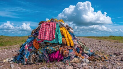 Clothes pile in open field under blue sky and clouds